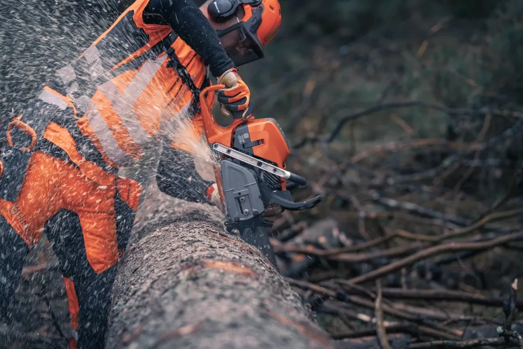 man cutting tree with 592xp