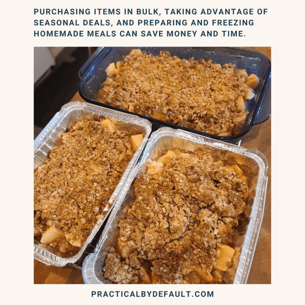 baked apple crumble prepped for the freezer. batch cooking is a good way to Save Money On Your Grocery Budget