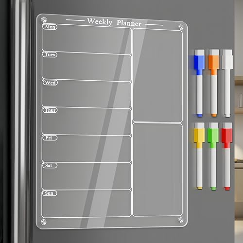 Latouni Acrylic Magnetic Menu Board for Kitchen,Acrylic Weekly Calendar for Fridge,Acrylic Dry Erase Board for Refrigerator,Clear Meal Planner for Fridge with 6 Magnetic Erasable Markers 8
