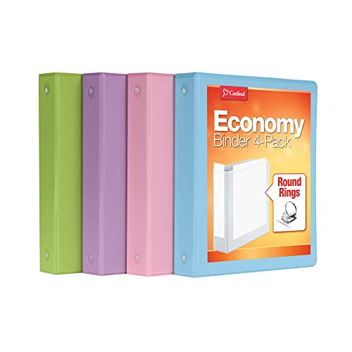 Cardinal 3 Ring Binders, 1.5 Inch, Round Rings, Holds 350 Sheets, ClearVue Presentation View, Non-Stick, Assorted Pastel Colors, 4 Pack (79552)