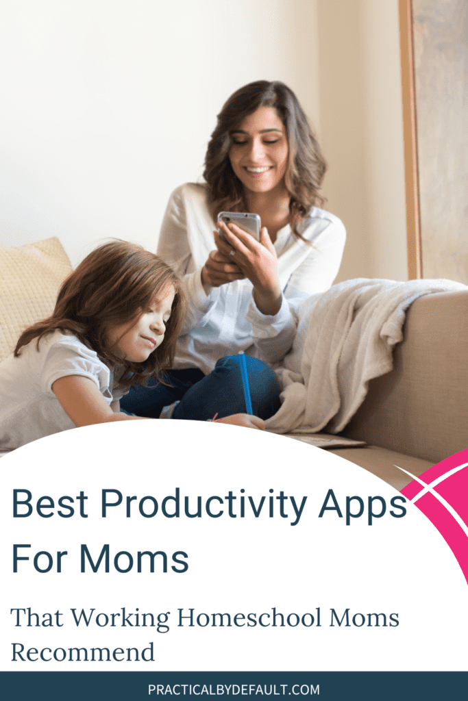 mom sitting on sofa using her phone while child colors