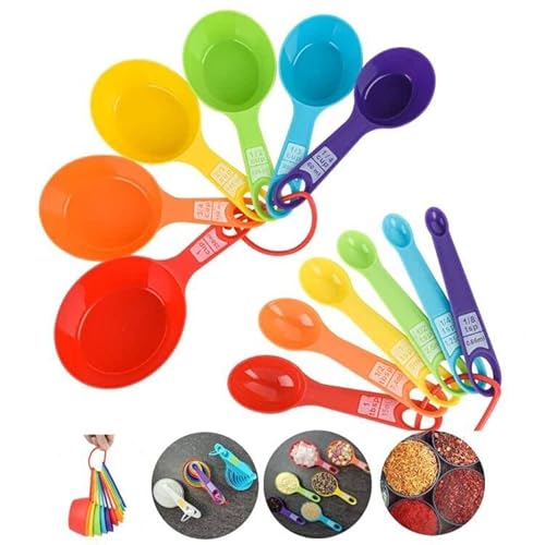 Measuring Cups and Spoons, Plastic Measuring Cups and Spoons Set of 12: 6 Plastic Measuring Cups and 6Plastic Measuring Spoons, Plastic Measuring Cup Spoon for Kitchen Measuring Tools Rainbow Color