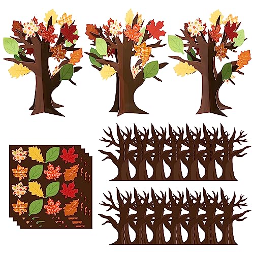 WATINC 16Pcs Fall Thankful Trees Craft Kits for Kids, Autumn Maple Oak Leaves Make Your Own DIY Thanksgiving Trees Decoration Thankful Craft Kit Supplies Home School Fun Activities for Kids