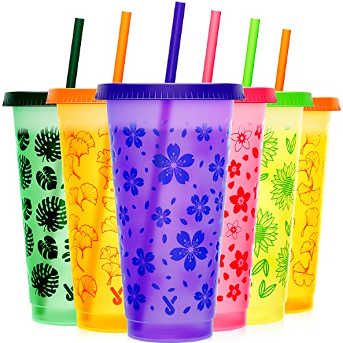 Meoky Plastic Cups with Lids and Straws - 6 Pack 24 oz Color Changing Cups with Lids and Straws Bulk, Reusable Cups with Lids and Straws for Adults Kid Women Party, Cute Cold Cups for Iced Coffee