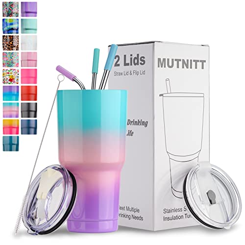 30 oz Tumbler with Lids and Straws,18/8 Stainless Steel Vacuum Insulated Coffee Tumbler,Insulated Travel Mug Water Cup with Leak-Proof Straw Lid & Flip Lid,3 Metal Straws,1 Cleaning Brush & Gift Box
