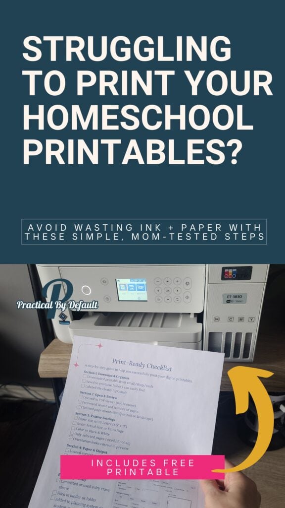 EcoTank printer with checklist and arrow highlighting a printable guide on how to print printables effectively at home.