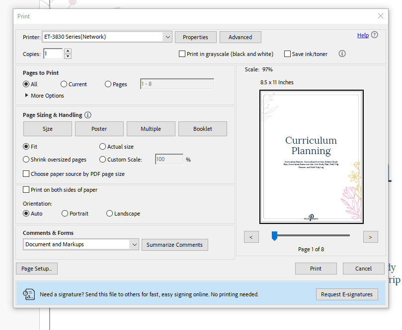 screenshot of printer settings for how to print printables