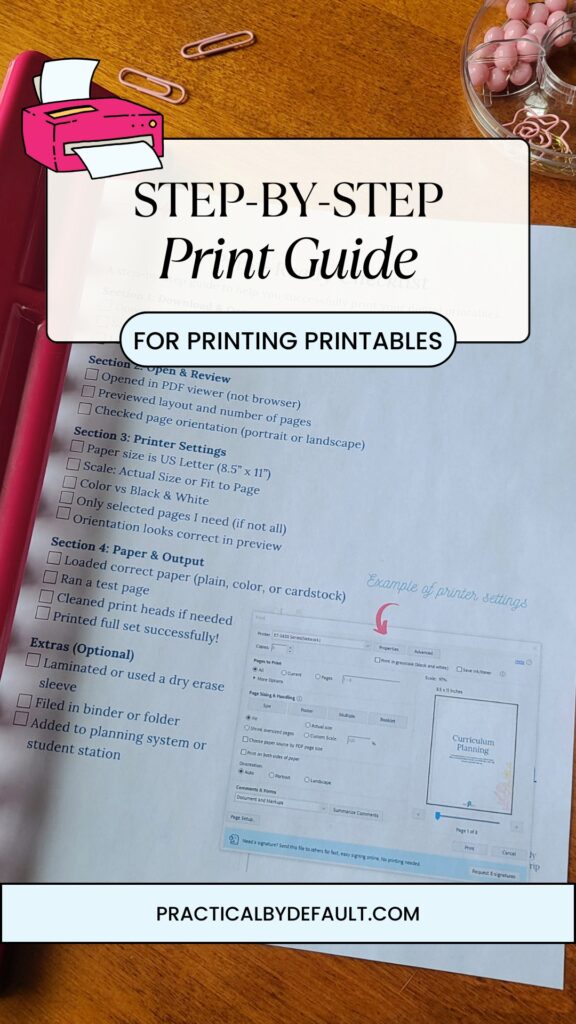 Step-by-step print guide for working homeschool moms showing how to print printables with ease using a free checklist.