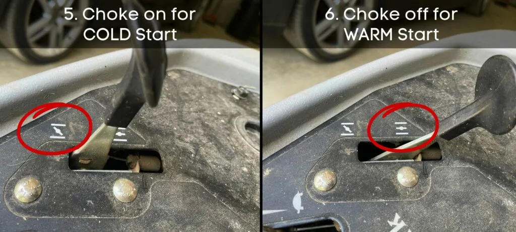 Choke lever in the off and on positions