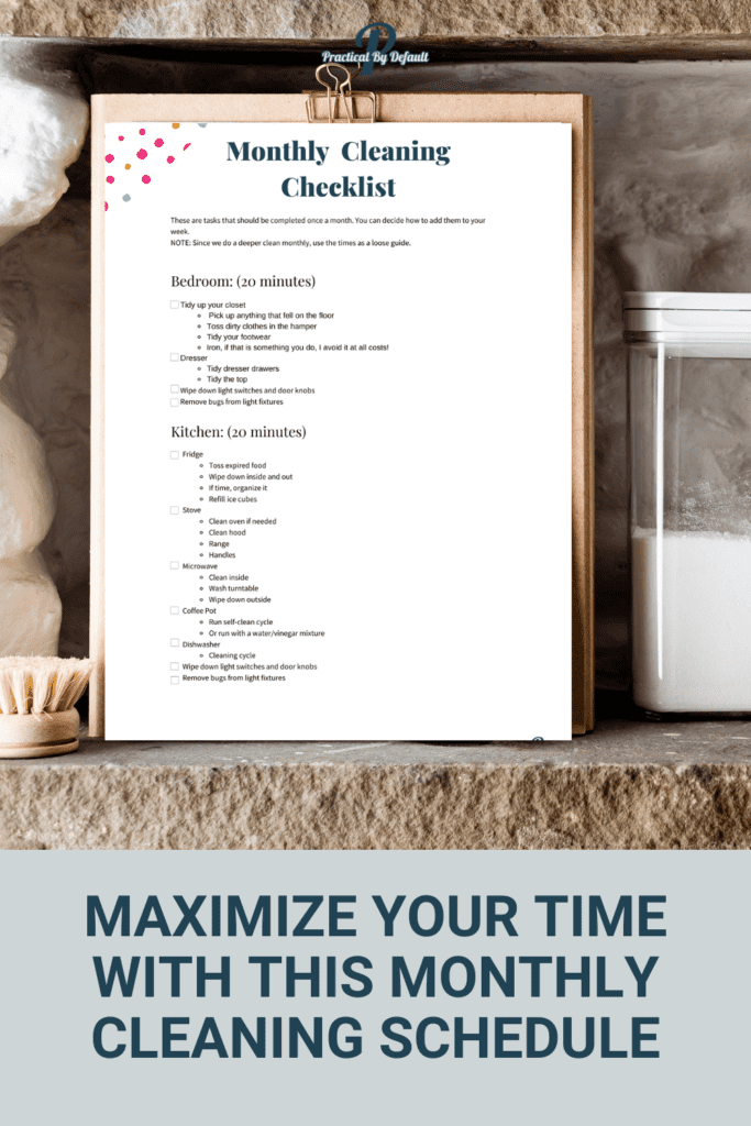 Mock up of a printable monthly cleaning schedule for working moms