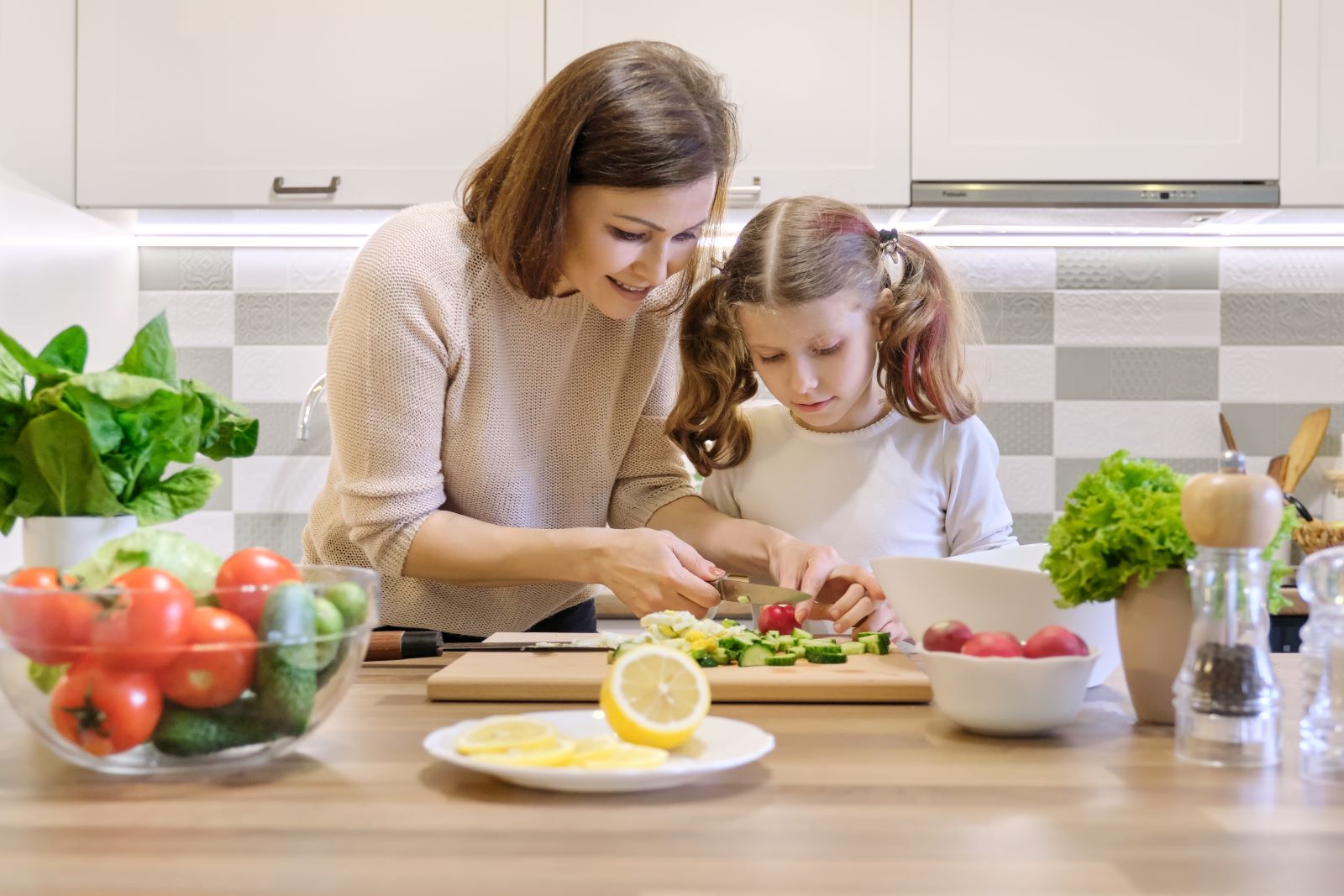 Mom Teaching Her Child To Cook
