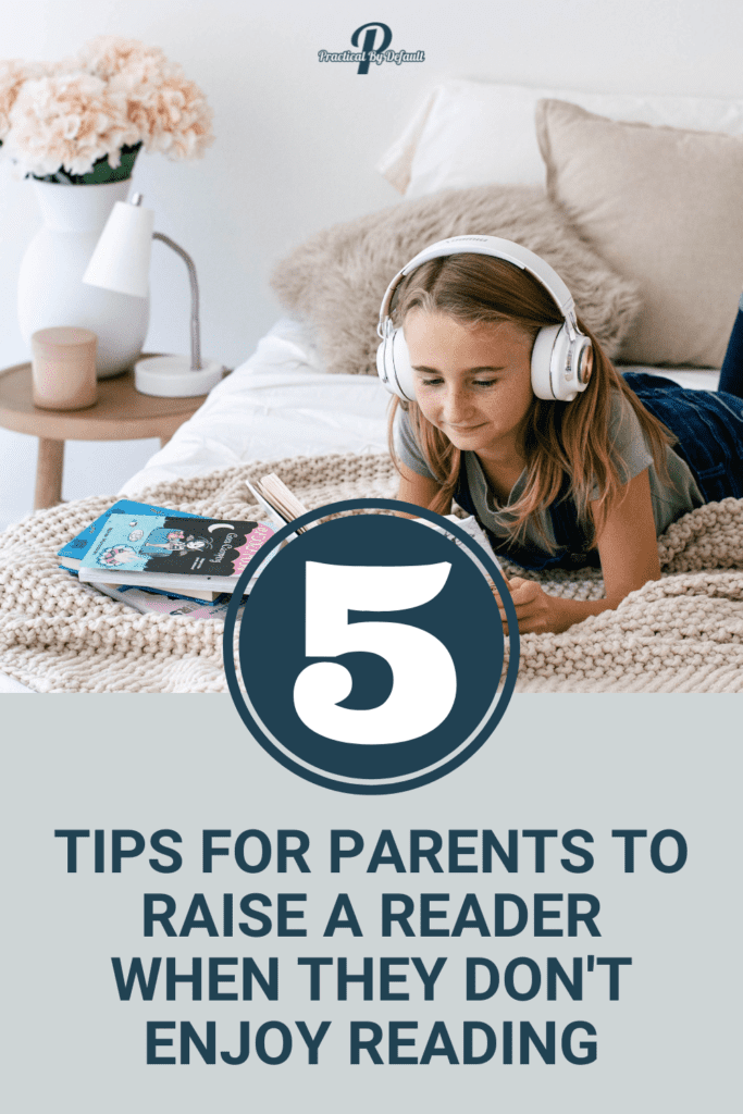 young girl reading a book on a bed. Pin image for raise a reader when you hate reading