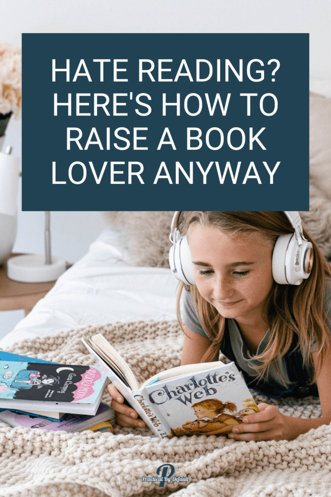 young girl wearing headphones, reading a book. raise a reader when you hate reading