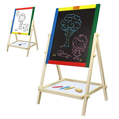 Kidzlane Art Easel for Kids | Wooden Toddler Easel | Double Sided Standing Chalkboard / Dry Erase Board for Kids | Toddler Drawing Board with Accessories | 25.75