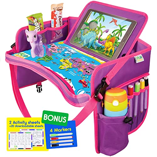 ECOFANTASY Kids Travel Tray - Waterproof Dry Erase Top - Car Seat Travel Tray Table for Toddler - Travel and Road Trip Essentials Kids - Car Lap Desk with Storage