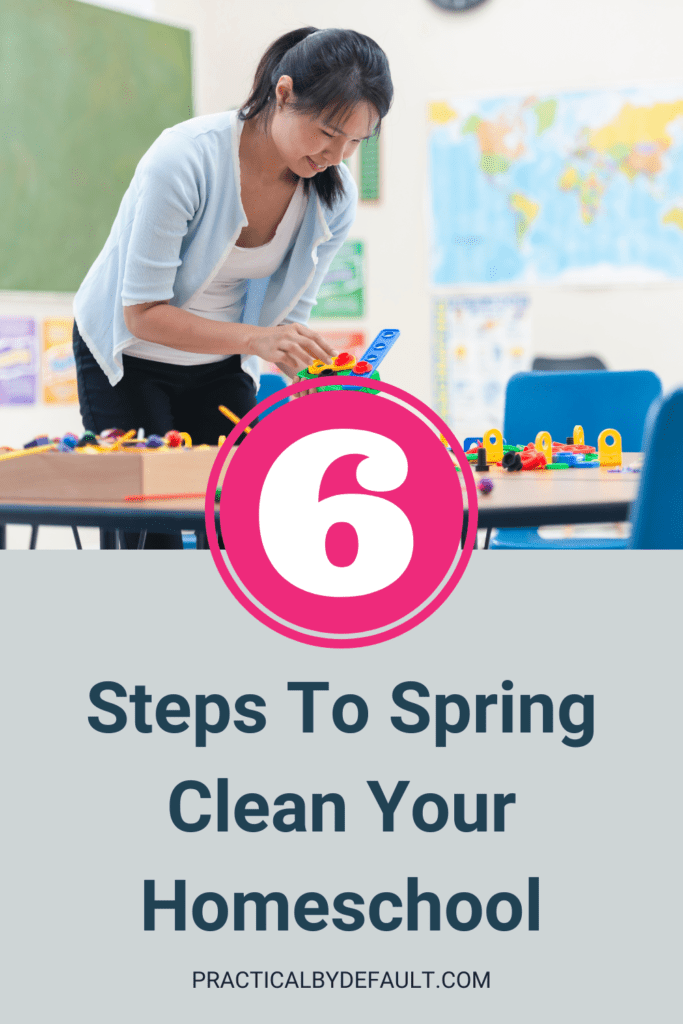 woman spring cleaning homeschool area, table with learning items on it.