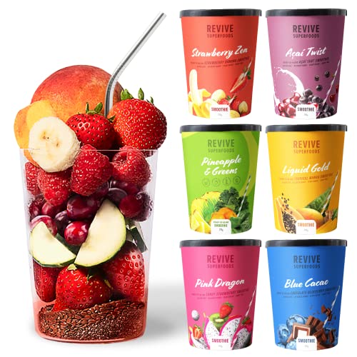 Revive Superfoods Frozen Fruit Smoothie Mix - 6 Pack Variety Meal Replacement Smoothie with Vitamins, Plant Protein and High-Fiber – Sugar Free, Gluten Free, Vegan - Mixed Fruit Smoothie Snack - Superfood Smoothie Mixes