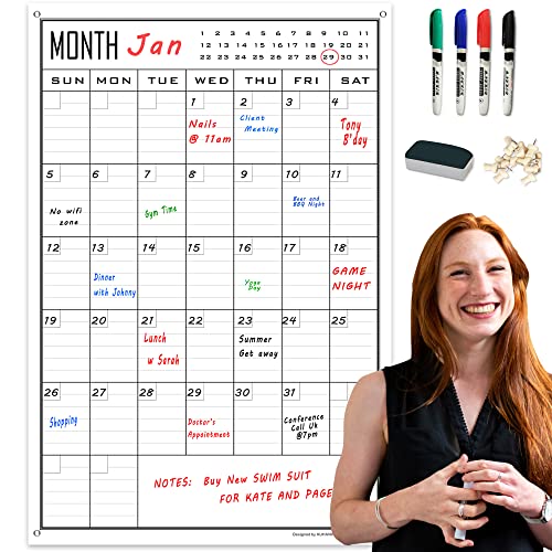 Large Dry Erase Calendar,24x36 Inch Laminated Vertical Monthly Whiteboard Calendar Fit to Narrow Wall,Big Erasable Undated Planner,Oversized Perpetual Schedule Poster for Family,Office,Classroom