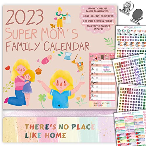 JOYCOLOR 2023 Wall Calendar Large - Cute Mom Calendar 2023 Monthly Wall - Magnetic Calendar for Fridge with Pockets from January 2023 to December 2023, Great for Family Organizing and Planning, A