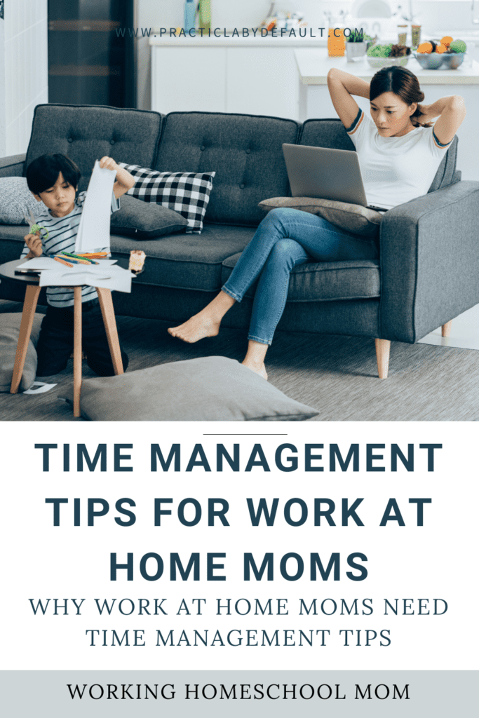 mom working on a sofa, kid learning at the table