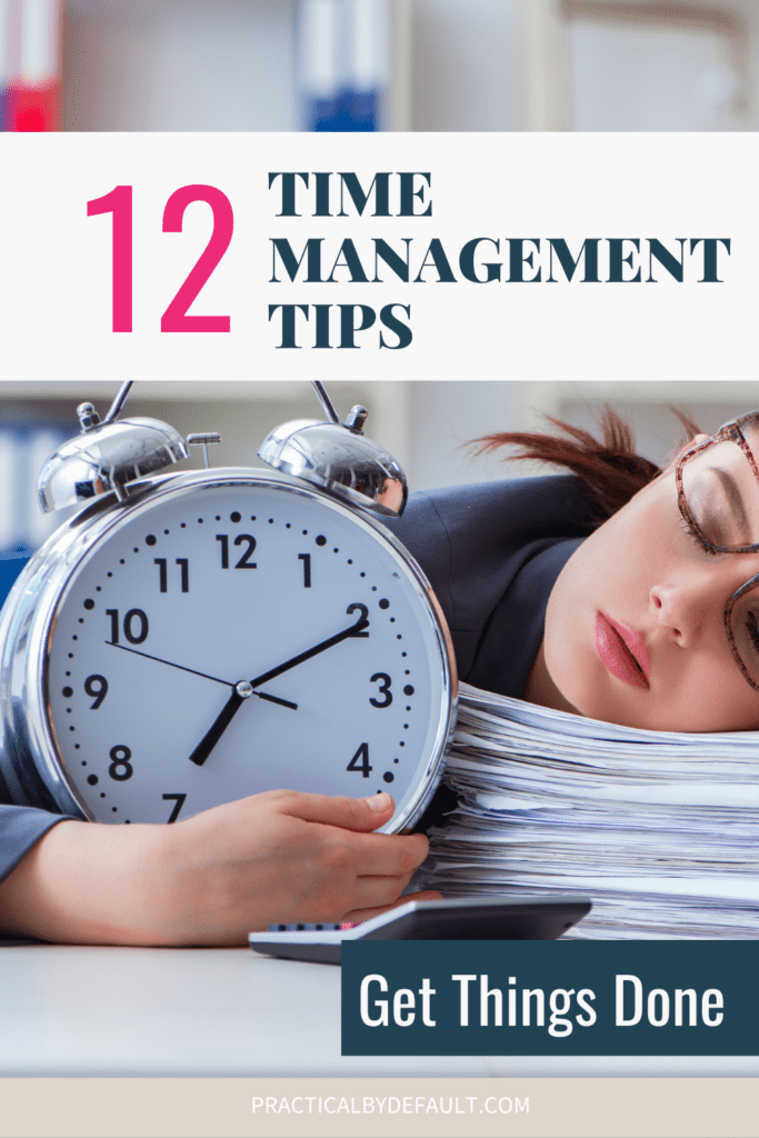 woman sleeping on a stack of paper, hugging a clock