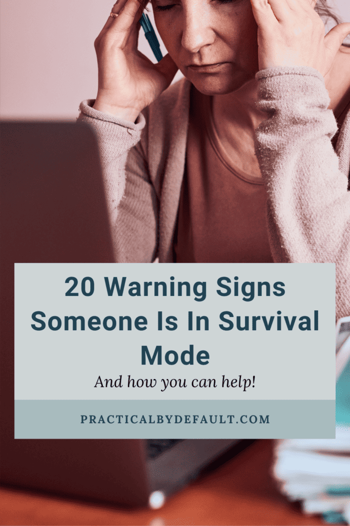 mom holding head at a computer. Warning signs someone is in survival mode
